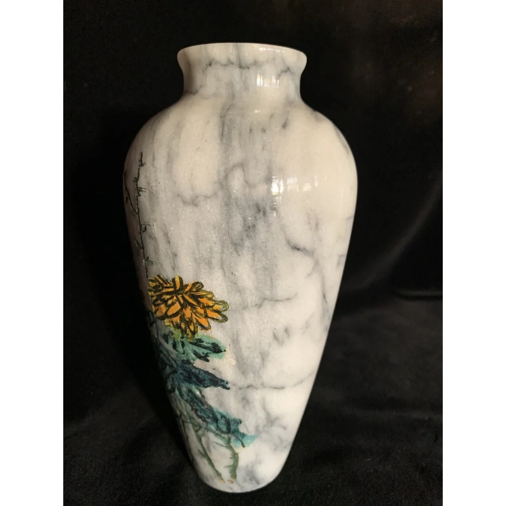 Vintage Marble Etched Vase with Painted‎ Yellow Flowers 7” Tall Excellent